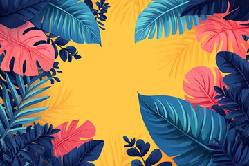 Vibrant Tropical Leaves Frame Yellow Background