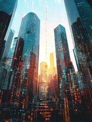 Forex trade market and development concept with growing digital candlestick and indicators on sunny skyscrapers background. Double exposure