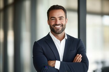 portrait of successful senior businessman consultant looking at camera and smiling inside modern office building