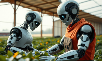 Fototapeta premium Humanoid robots working in greenhouse, tending to plants with care and precision. scene captures blend of technology and agriculture, showcasing innovation in farming