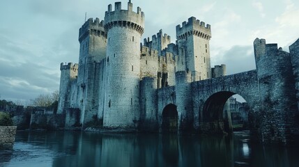 A medieval castle with high stone walls, turrets, and a drawbridge over a moat.