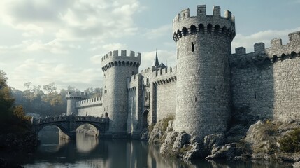 A medieval castle with high stone walls, turrets, and a drawbridge over a moat.
