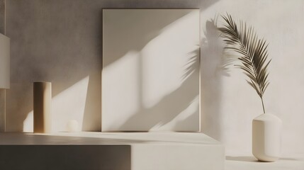 Fototapeta premium Modern Minimalist Interior with Neutral Colors and Natural Elements Showcasing Soft Shadows and Light Play on a Simple Background