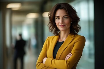 Obraz premium Portrait of successful business woman inside office, standing with arms crossed