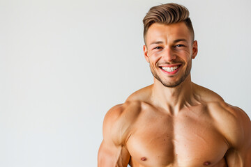 Fototapeta premium smiling sporty man with a athletic figure and pumped up abs looking at the camera on a white background
