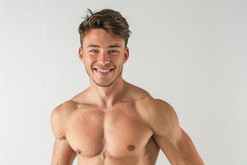 Fototapeta premium smiling sporty man with a athletic figure and pumped up abs looking at the camera on a white background