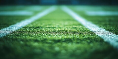 Naklejka premium A close-up shot of a soccer field with lush green grass, ideal for sports and outdoor-themed projects