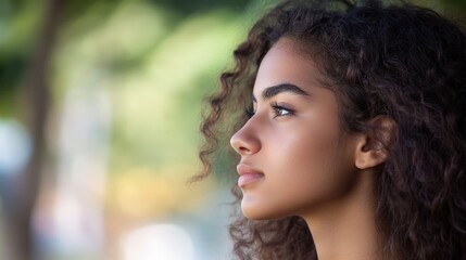 A young woman with curly hair looking thoughtfully into the distance