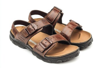 Brown leather sandals on white background.