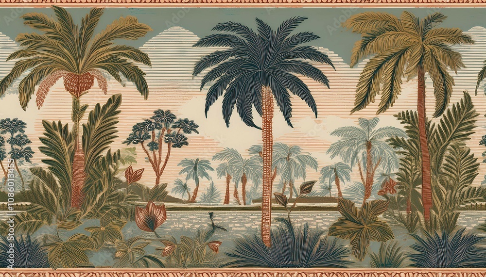 Wall mural retro hand drawn tropical summer seamless pattern traditional indian tapestry style background illustration vintage exotic nature textile print jungle palm tree texture