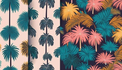 hand drawn palm tree doodle seamless pattern set colorful hawaiian print summer vacation background collection in vintage art style tropical plant painting illustration bundle