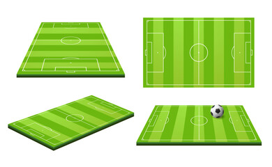 Football or soccer field. Realistic ball sport pitch scheme with zone markings. Stadium grass court perspective, side and top view vector set © Angela Ksen