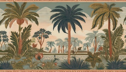 retro hand drawn tropical summer seamless pattern traditional indian tapestry style background illustration vintage exotic nature textile print jungle palm tree texture