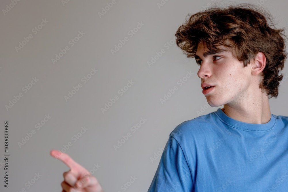 Aufkleber A young man gestures towards something with his index finger, focusing on the object