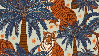 retro hand drawn tropical summer seamless pattern traditional indian tapestry style background illustration vintage exotic nature textile print jungle animal texture with tiger doodle palm tree