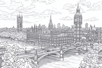 Obraz premium Coloring page of london cityscape with big ben and tower bridge, victorian architectural details.