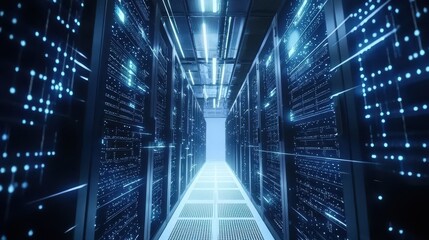 Shot of a corridor in a working data center full of rack servers and supercomputers with internet connection visualization