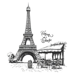 Obraz premium Eiffel Tower and Paris cafe scene illustration