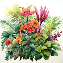 Fototapeta premium ibrant watercolor illustration of tropical foliage and flowers, featuring lush green leaves and vivid orange blooms. Perfect for exotic themes, artistic projects, and lively decor.