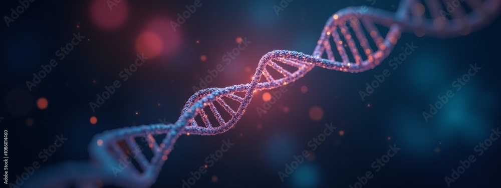 Poster the image is a 3d rendering of a dna strand on a dark blue background with red and pink bokeh lights