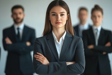 Businesswoman stands among colleagues in a meeting setting