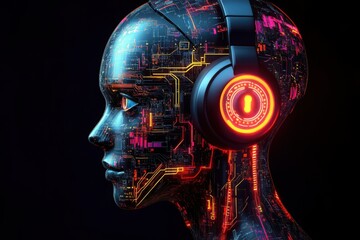 Obraz premium Side view of a humanoid head with blue and yellow eyes and vibrant neon neural network, representing futuristic technology and artificial intelligence.