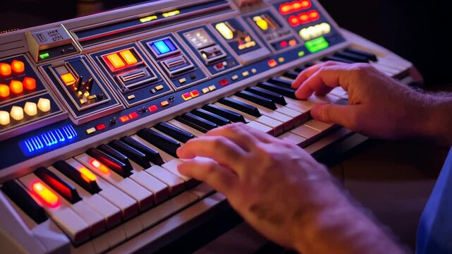 Close-up view of hands playing a retro-style keyboard synthesizer