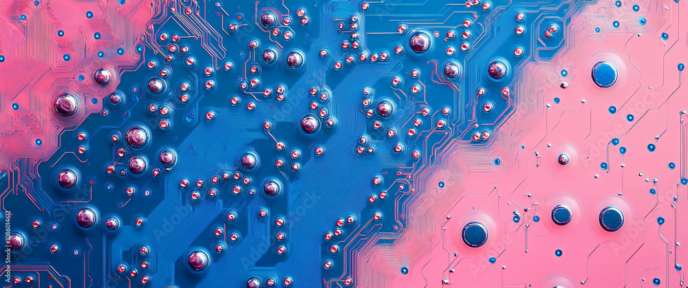 Poster Detailed view of a circuit board with a unique two-tone color scheme of blue and pink