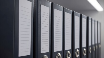 Row of Black Office Binders with White Labels on a Shelf in a Minimalist Workspace