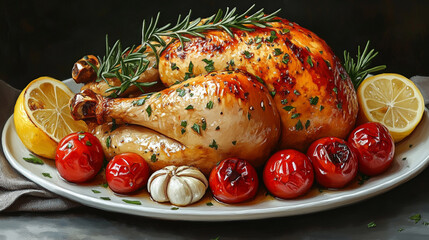 Roasted turkey with golden skin surrounded by rosemary, bright cherry tomatoes, caramelized garlic cloves, and lemon slices, arranged artfully on a white plate.