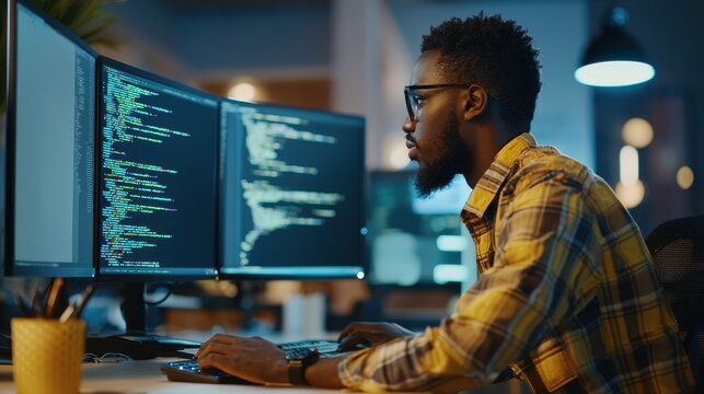 Young African male programmer writing code at a workplace with three monitors, focused on the screen