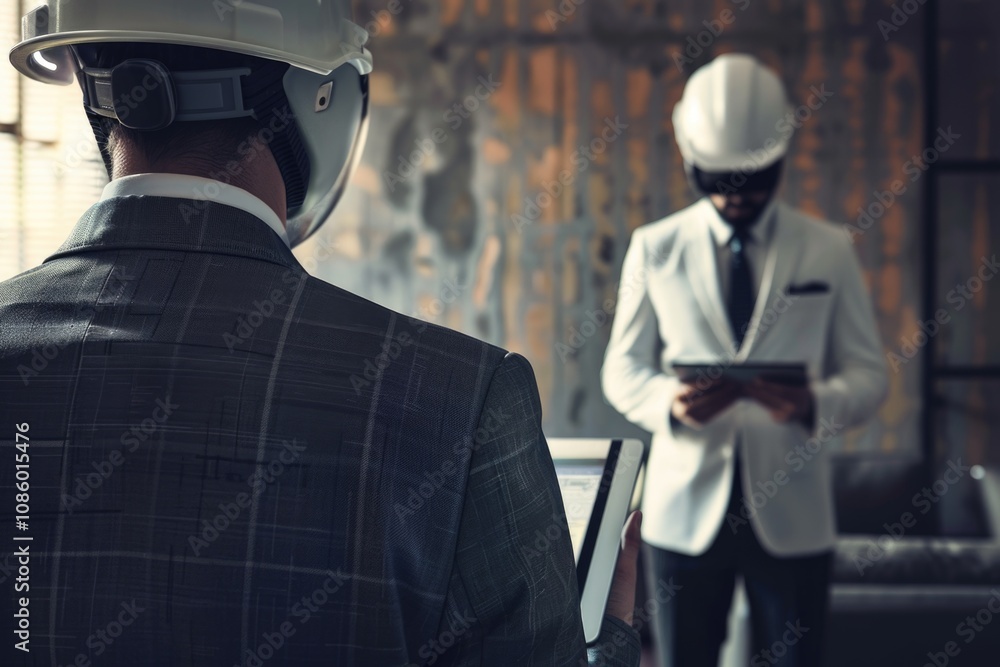 Poster a businessman inspecting his device in a construction site setting