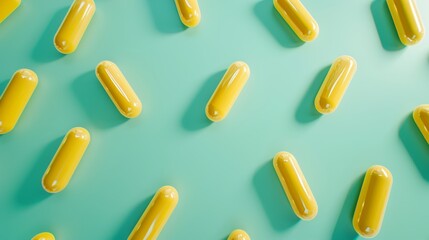 Vibrant yellow health supplement capsules artfully scattered on soft green background for wellness