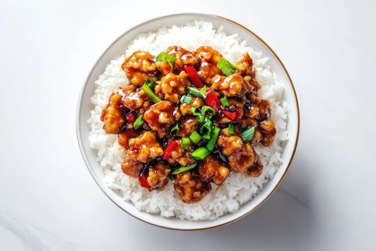 A close-up shot of a white bowl filled with cooked rice and sliced meat