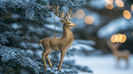 Metallic Gold Reindeer Ornament Hanging on Snow-Covered Evergreen Tree with Warm Bokeh Lights in Festive Winter Scene