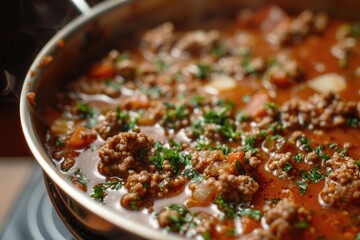 A pan filled with meat and vegetables being cooked on a stove