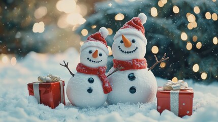 Festive Winter Scene with Two Snowmen in Red and White Hats and Scarves Surrounded by Gift Boxes and Twinkling Lights