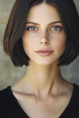 Obraz premium attractive woman with very short dark brown hair in a bob cut hairstyle, straight hair, beautiful eyes and lips, a soft smile, wearing a black top, against a neutral background.