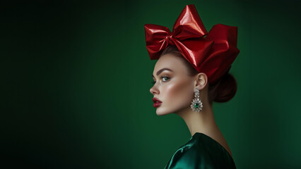 
Beautiful woman with a red gift bow in her hair, large earrings, in profile on a green background, as if for a high-fashion magazine cover, with big, shiny emerald eyes 