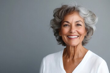 Beautiful gorgeous 50s mid age beautiful elderly senior model woman with grey hair laughing and smiling. Mature old lady close up portrait. Healthy face skin care beauty, skincare cosmetics, dental.