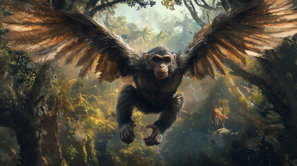 A unique monkey with bird-like wings swings through dense jungle trees during daylight hours in an extraordinary display of agility and flight