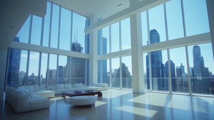 A spacious penthouse with floor-to-ceiling windows and a skyline view.