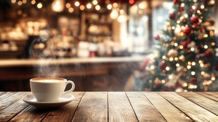 Cup of coffee with steam on empty wooden tabletop on blurred background of coffee shop decorated for Christmas