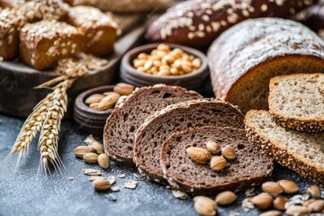 Fototapeta premium Freshly baked breads and an assortment of nuts served together on a table