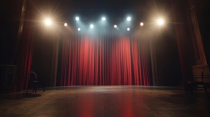 A theater stage with red curtains pulled back and spotlights shining.