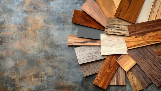 Color Palette of Carpet and Wood Flooring Samples Arranged on the Floor for Interior Design Choices