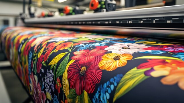 Fabric with vibrant floral pattern being printed by a large-format printer