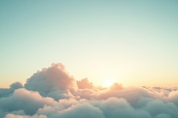 A plane soaring through the clouds as the sun sets in the background
