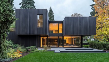 Modern House with Black Sliding Doors and Outdoor Dining Area