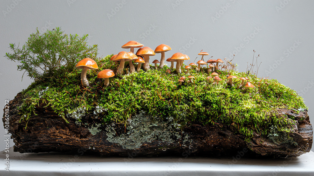 Poster mossy log adorned with tiny orange mushrooms and green moss in a serene forest setting